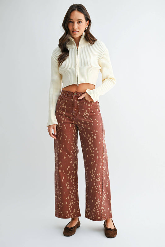 Printed Hem Seamed Slim Wide Leg - DEER PRINT - DP884-A