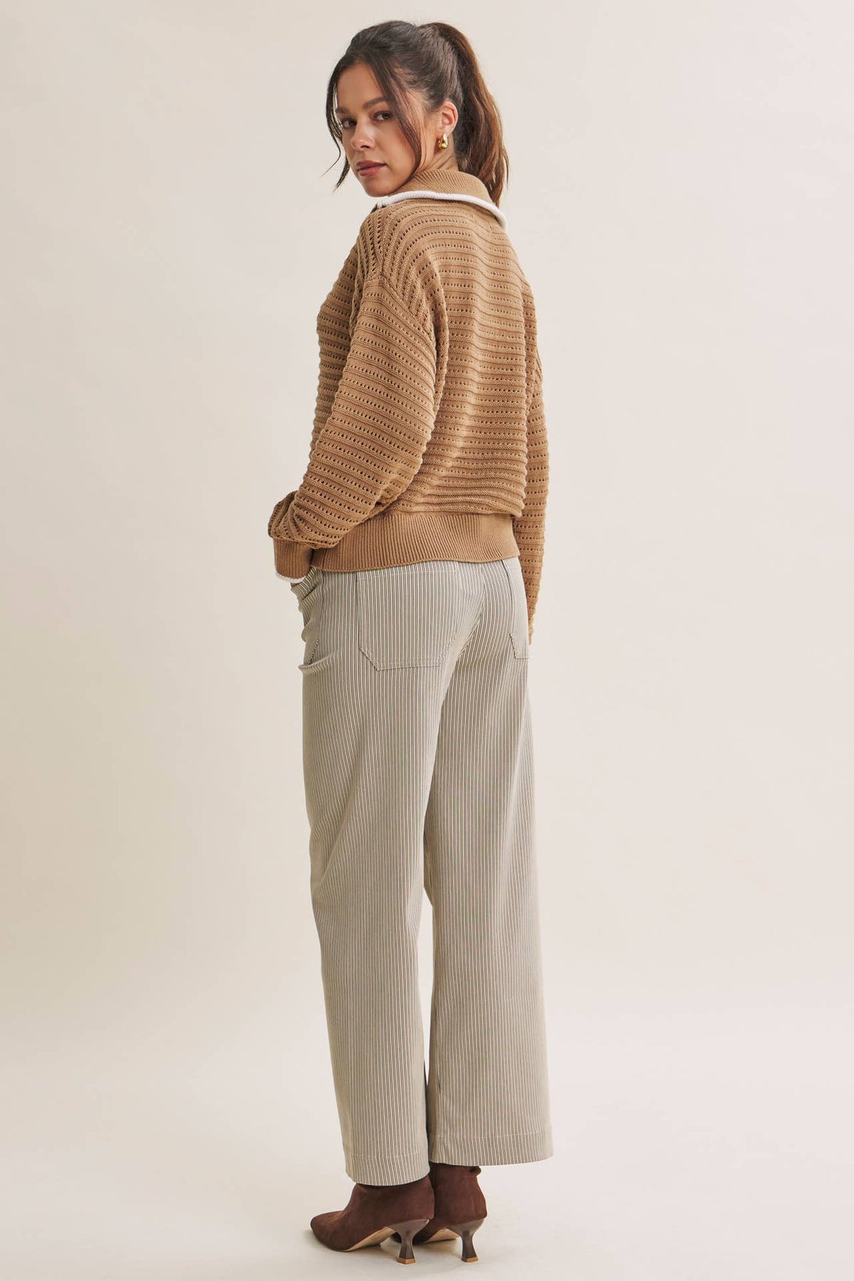 MOUNTAIN AIR CROCHET TEXTURE HALF-ZIP COTTON BLEND SWEATER