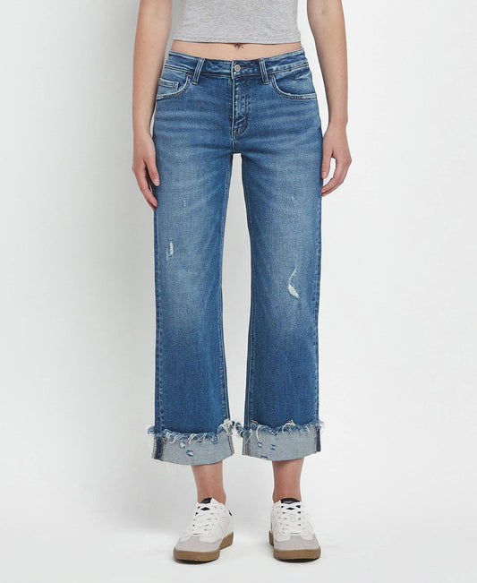 MID RISE RAW CUFFED HEM SLIM WIDE JEANS F5861