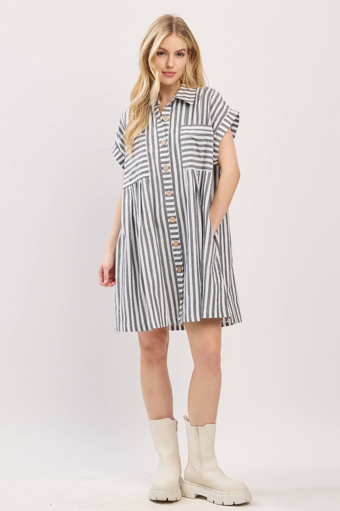 COTTON STRIPED BUTTON DOWN TUNIC DRESS