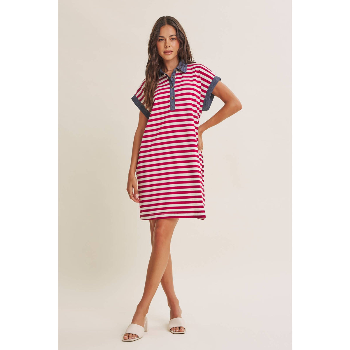 STRIPE COTTON POLO MINI DRESS WITH DENIM CONTRAST