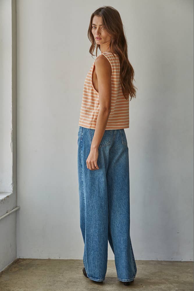L9620 | Knit Cotton Striped Round Neck Sleeveless Top