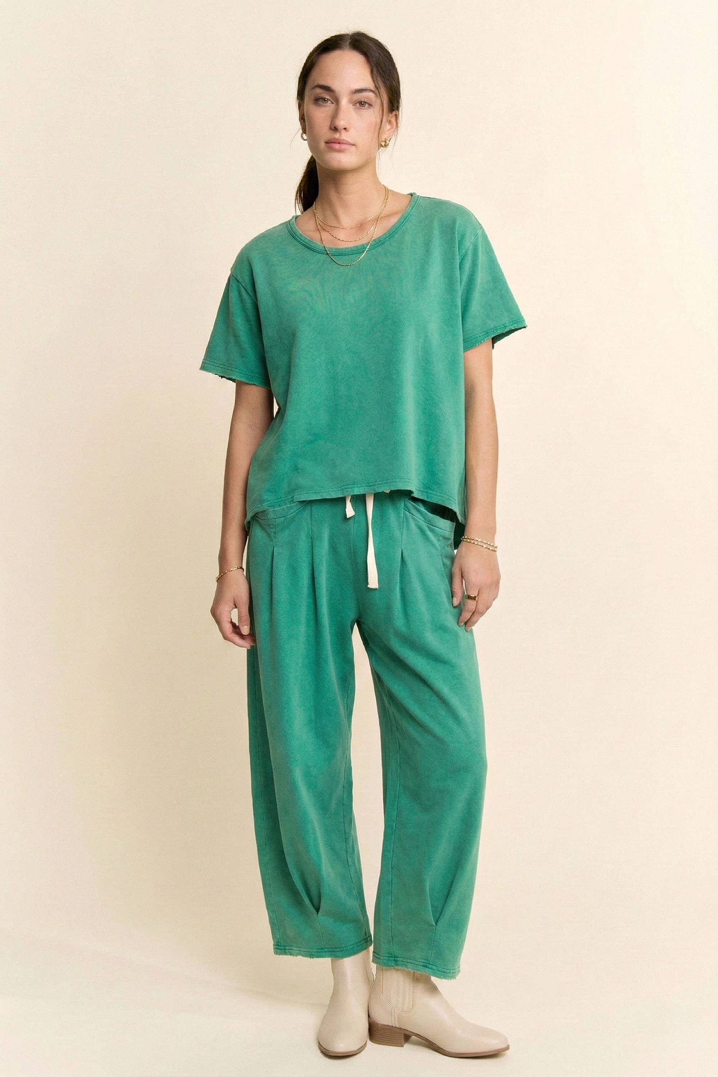 Garment-Wash Pleated Top & Pants Set