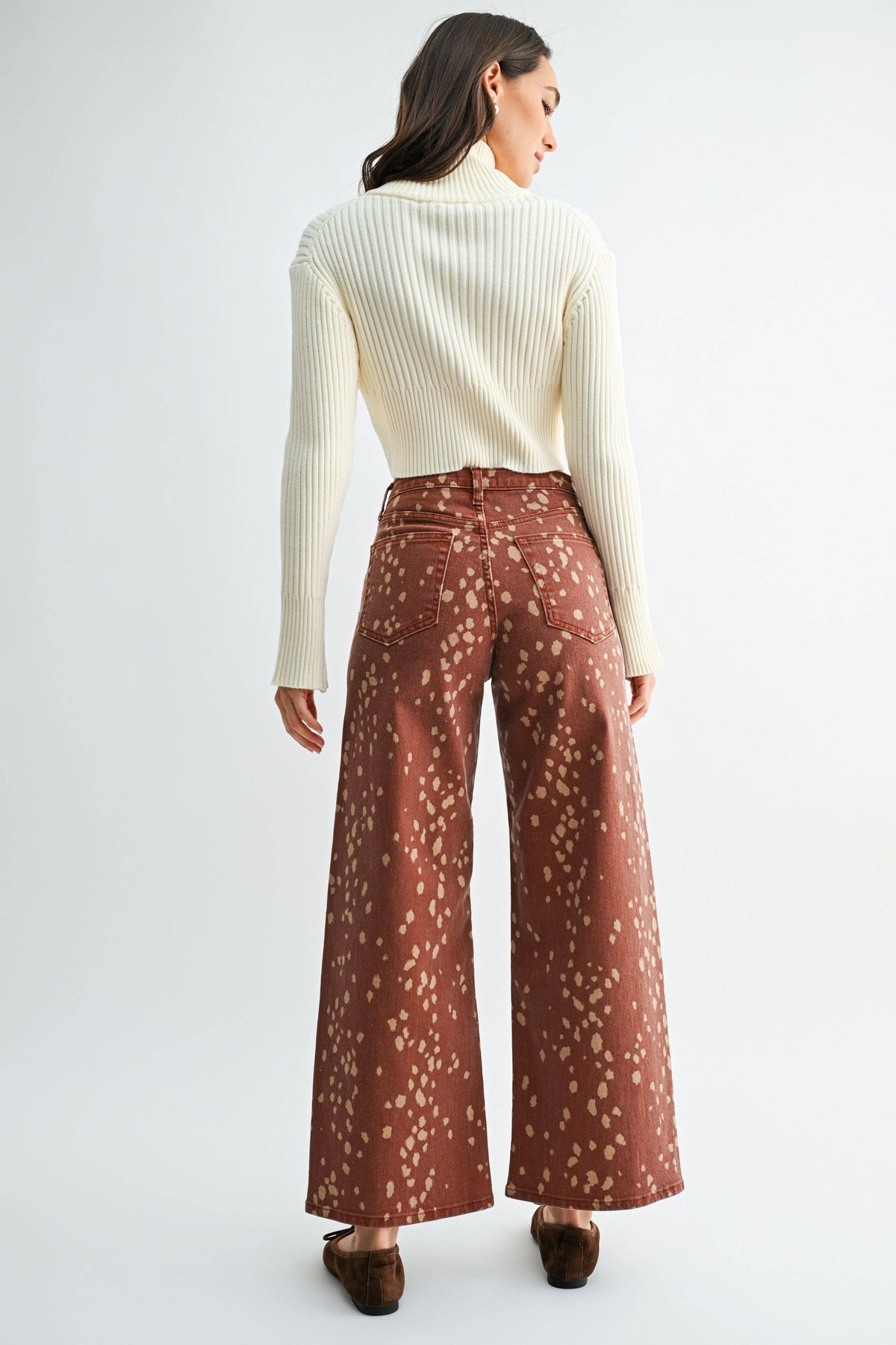 Printed Hem Seamed Slim Wide Leg - DEER PRINT - DP884-A