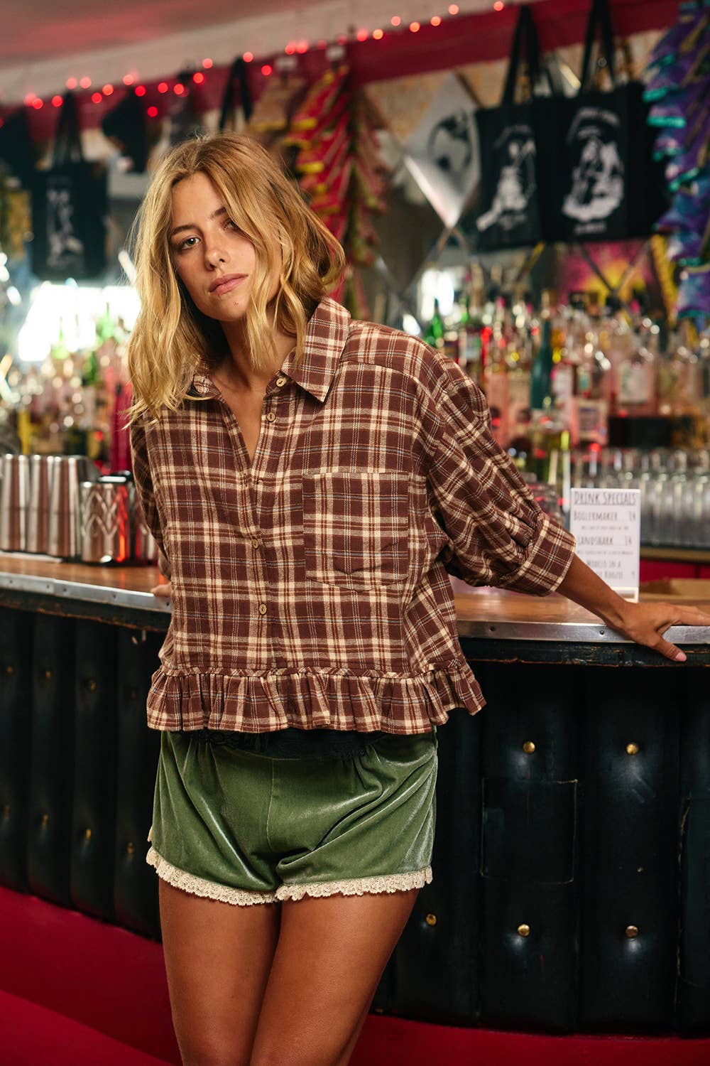 IT2444D Check Print Ruffle Hemline Shirt Top