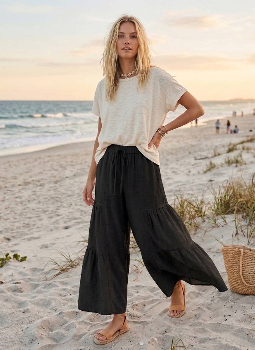 Linen Blend Tiered Wide Leg Palazzo Full Length Pants