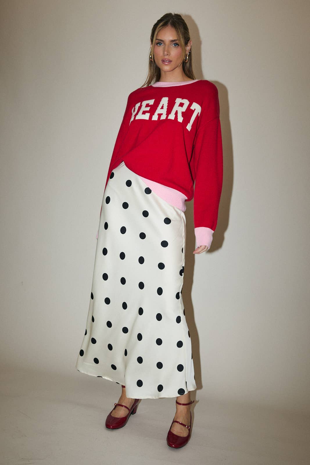 Polka Dot Satin Elastic Waist Midi Skirt