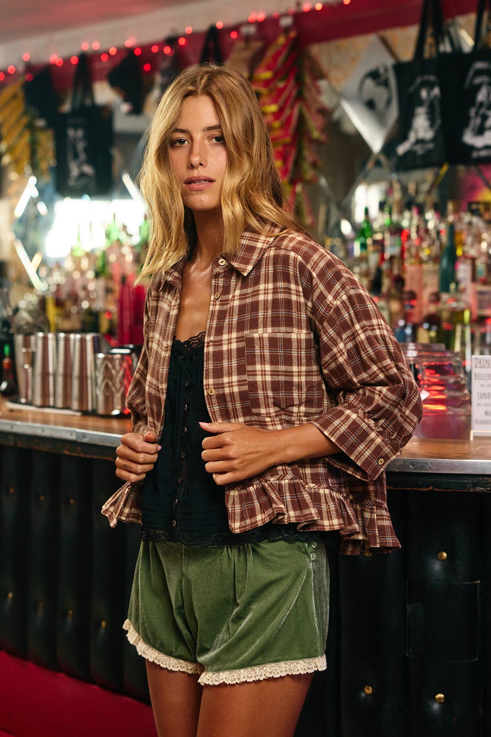 IT2444D Check Print Ruffle Hemline Shirt Top