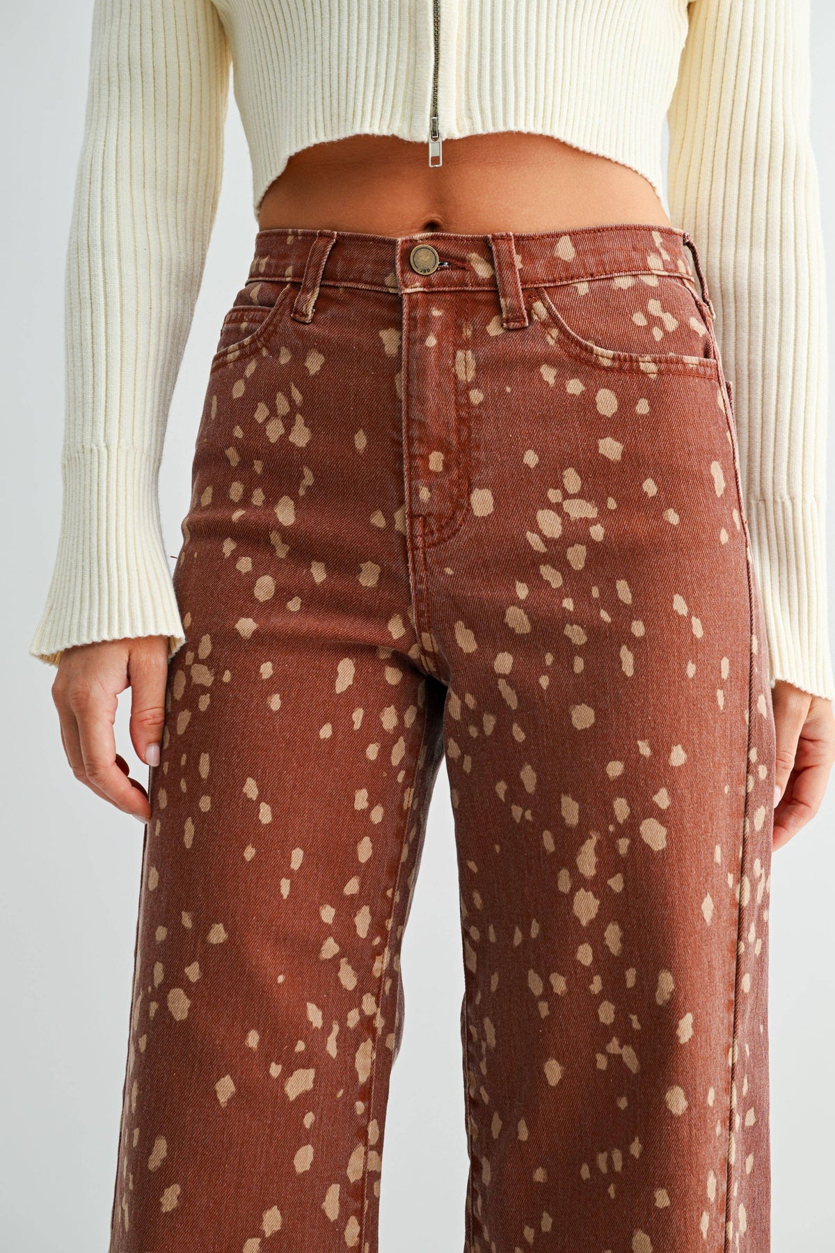 Printed Hem Seamed Slim Wide Leg - DEER PRINT - DP884-A