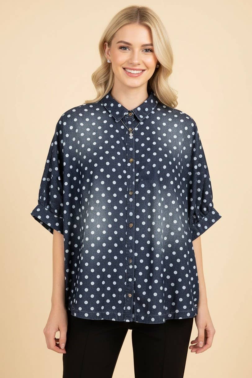 HT20346 2ND CUT Polka Dot Button Front Denim Shirt