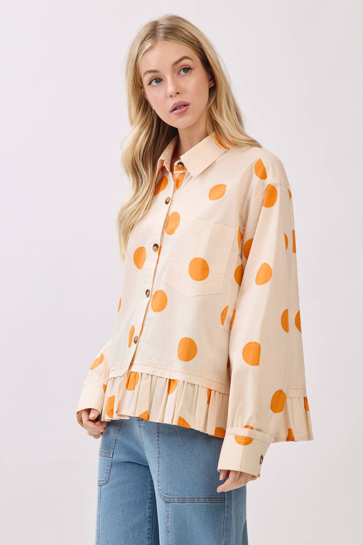 Polka Dot Ruffle Hem Long Sleeve Shirt