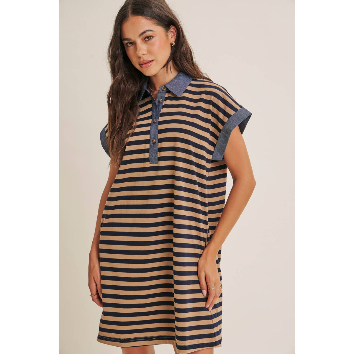 STRIPE COTTON POLO MINI DRESS WITH DENIM CONTRAST