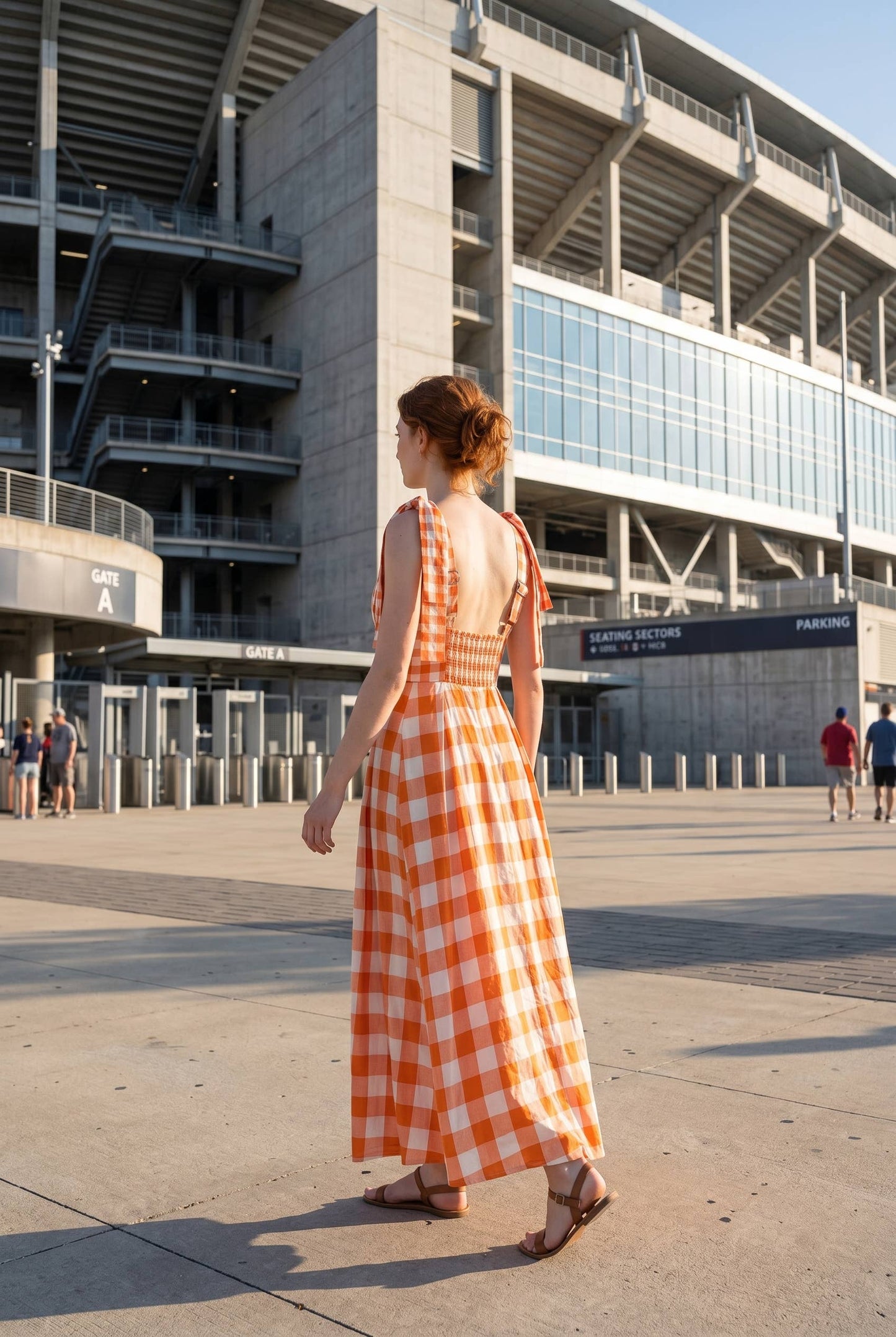 Check Pattern Tie Shoulder Maxi Dress