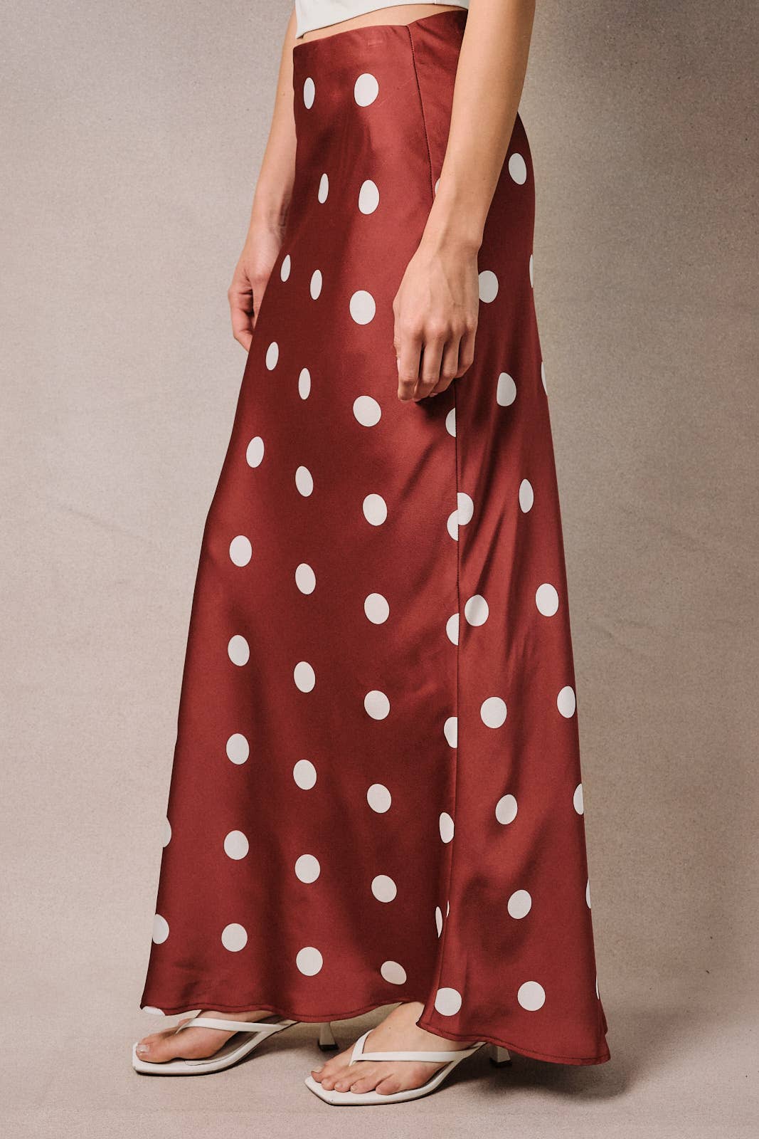 Polka Dot Satin Elastic Waist Midi Skirt