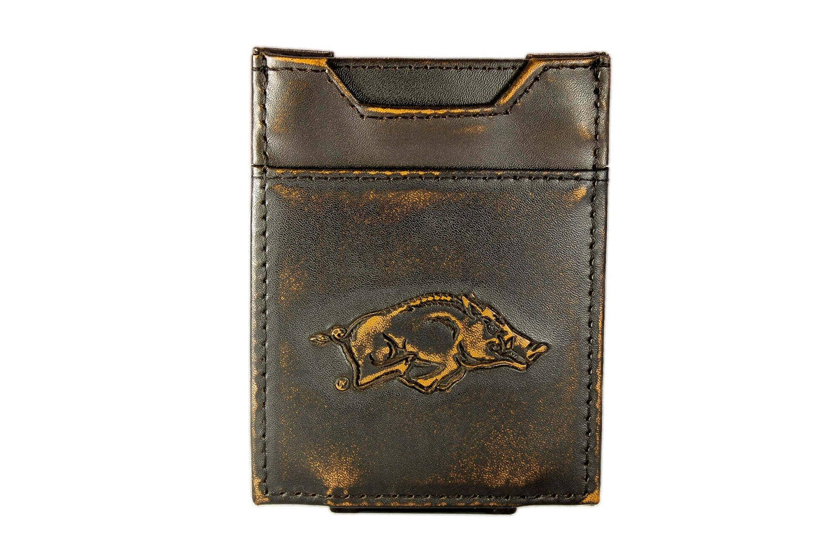 Arkansas Razorbacks Burnished Magnetic Front Pocket Leather Wallet.