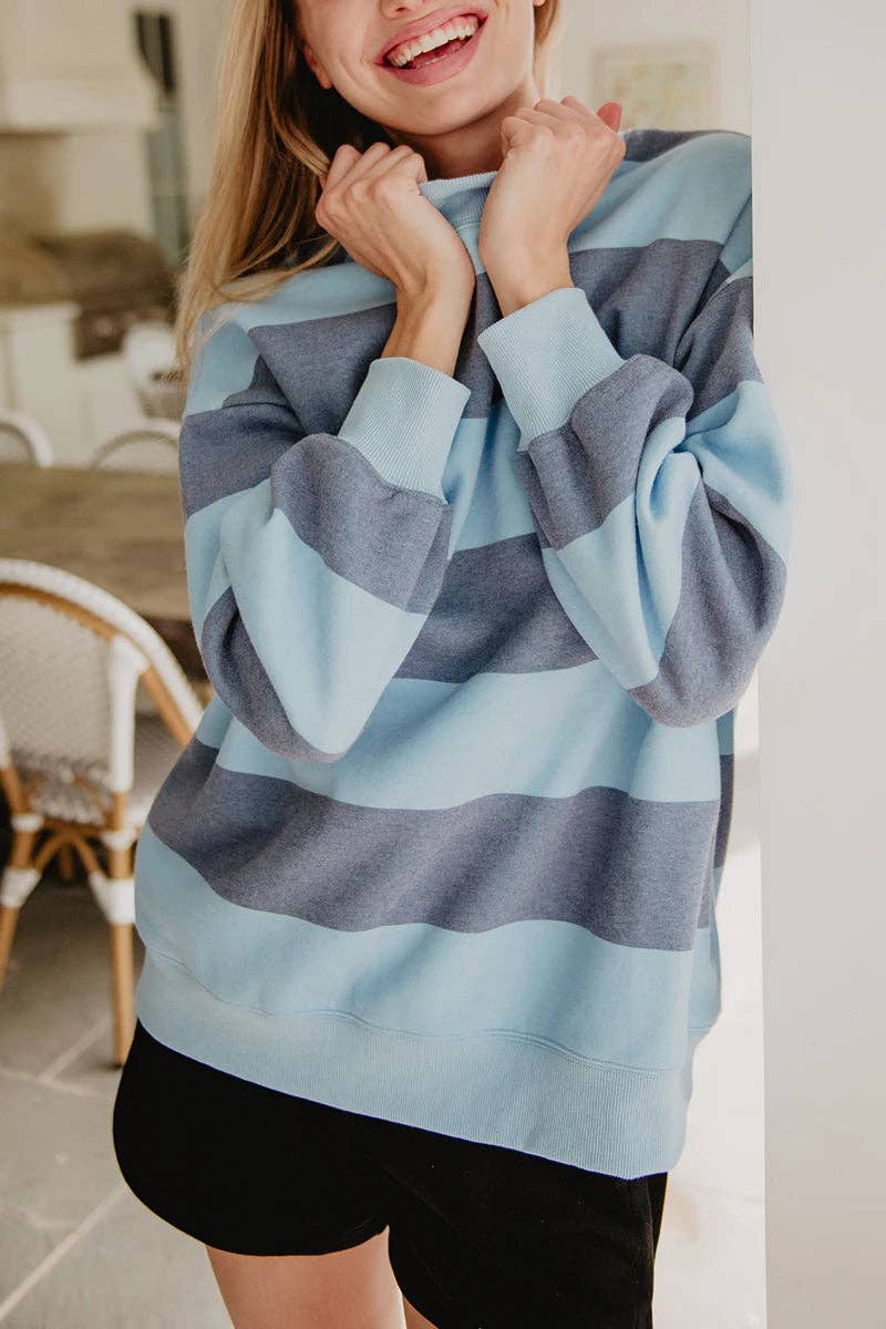 Light Blue and Navy Striped Wholesale Mockneck Pullover