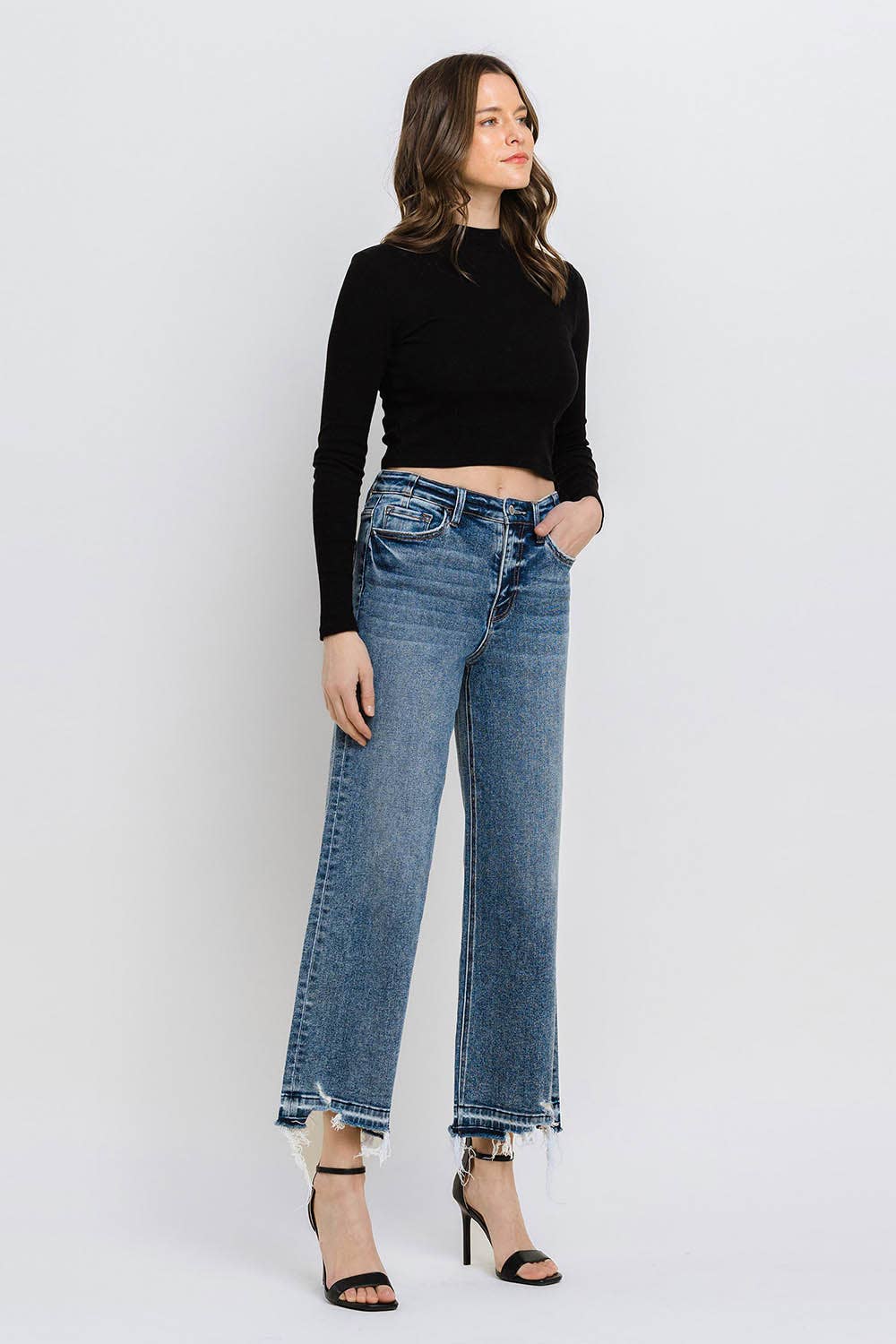 Flying Monkey SUPER HIGH RISE UNEVEN RAW HEM CROP WIDE JEANS
