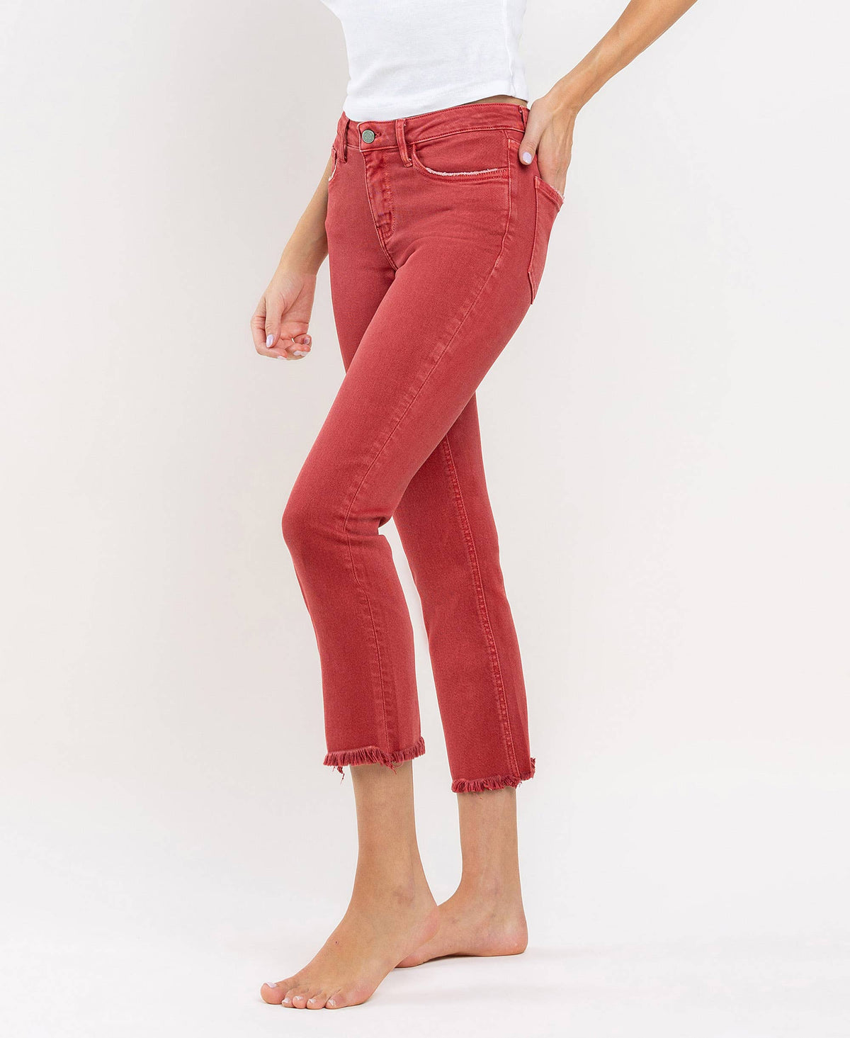 MID RISE FRAYED HEM CROP SLIM STRAIGHT JEANS V3500PRD
