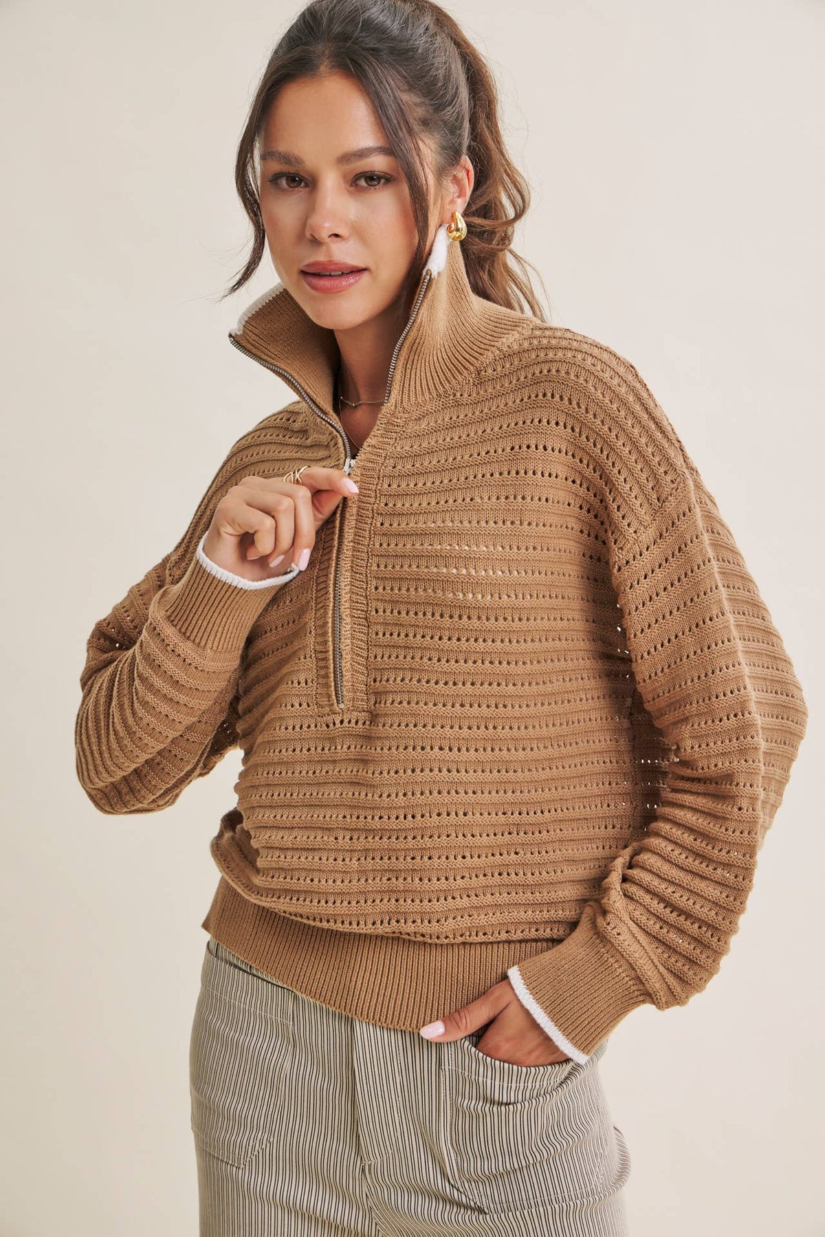 MOUNTAIN AIR CROCHET TEXTURE HALF-ZIP COTTON BLEND SWEATER