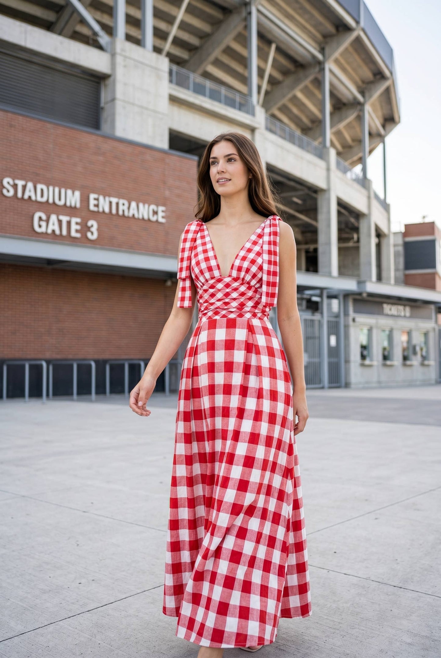 Check Pattern Tie Shoulder Maxi Dress