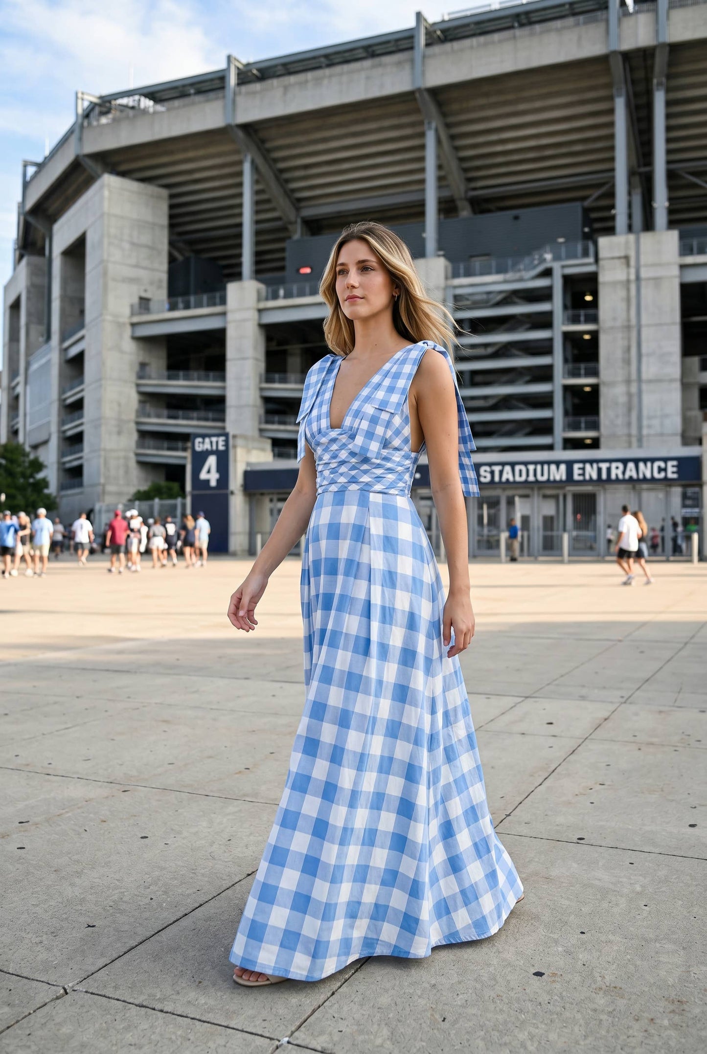 Check Pattern Tie Shoulder Maxi Dress