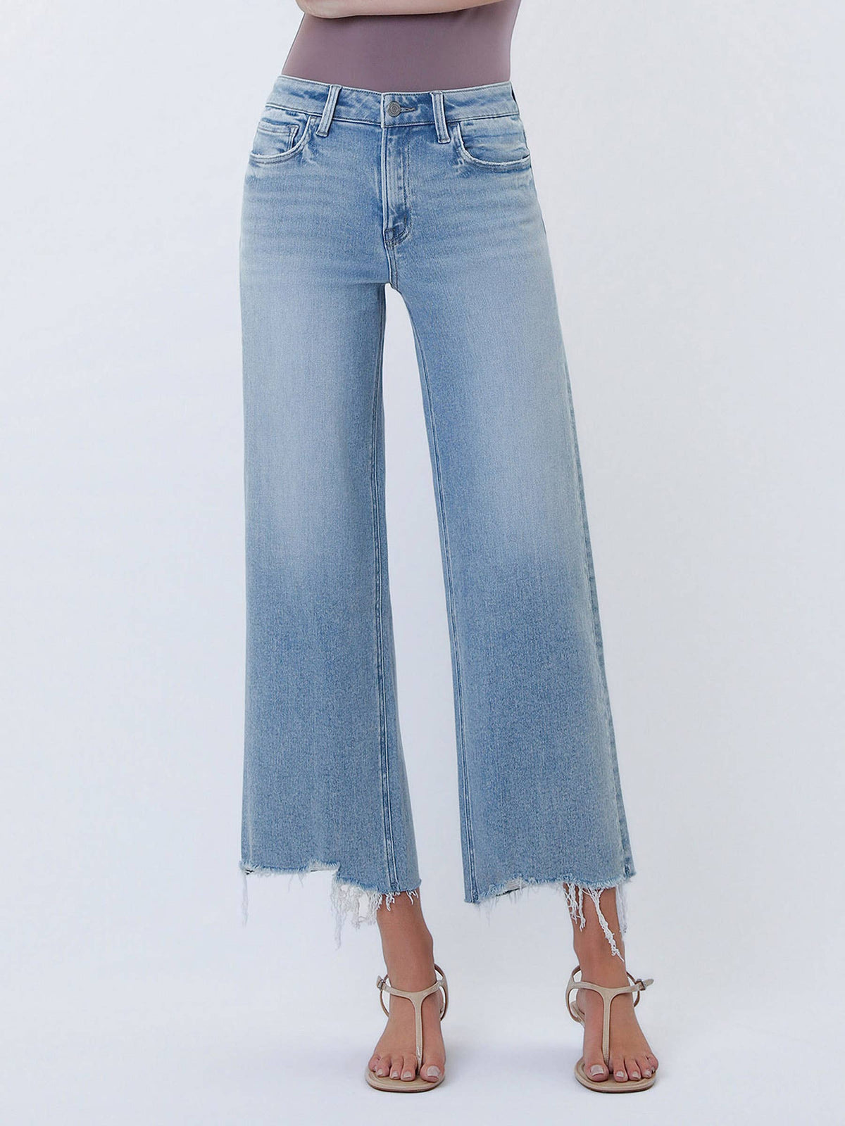 HIGH RISE DISTRESSED HEM CROP WIDE LEG JEANS T7303