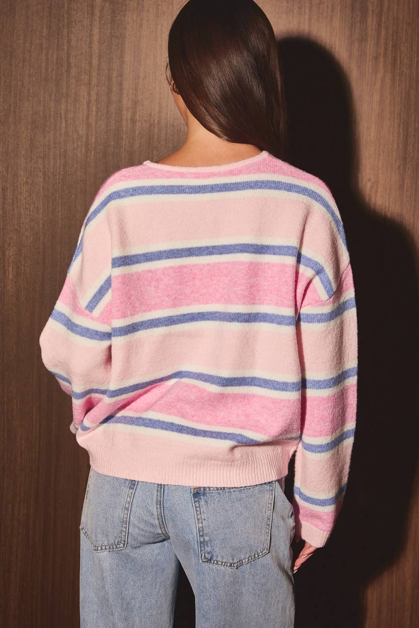 Striped Soft Knit Crew Neck Button Cardigan
