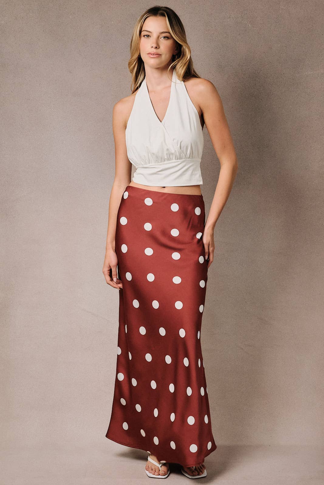 Polka Dot Satin Elastic Waist Midi Skirt