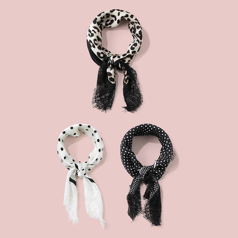 Patterned Silk-Feel Lace Trim Square Scarf | 40SC774