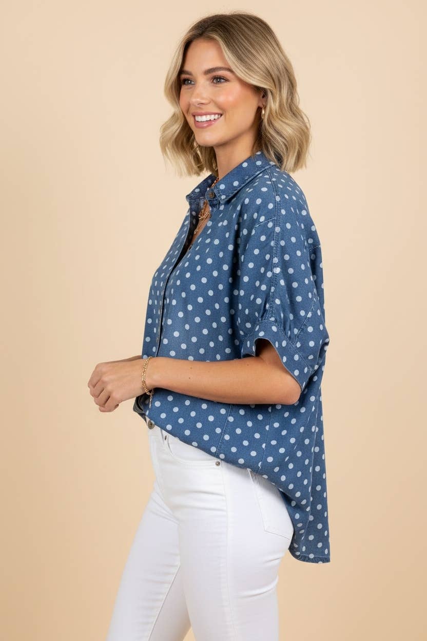 HT20346 2ND CUT Polka Dot Button Front Denim Shirt