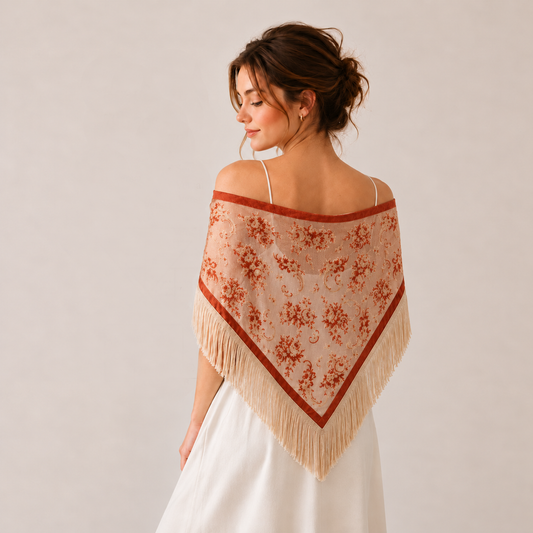 Vintage Sheer Floral Mesh Fringe Triangular Shawl | 40SC775