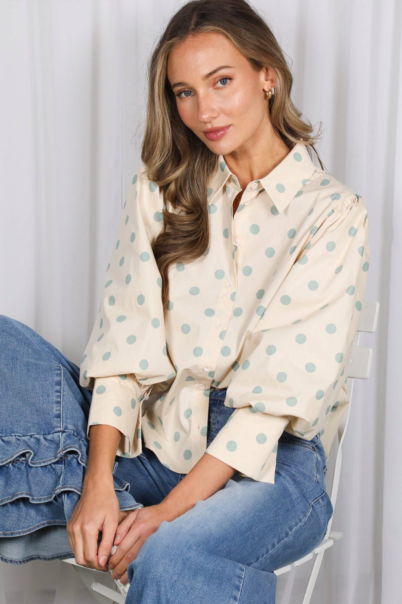 Playful Polka Dot 100%Cotton Puff Sleeve Shirt Top VT83244A