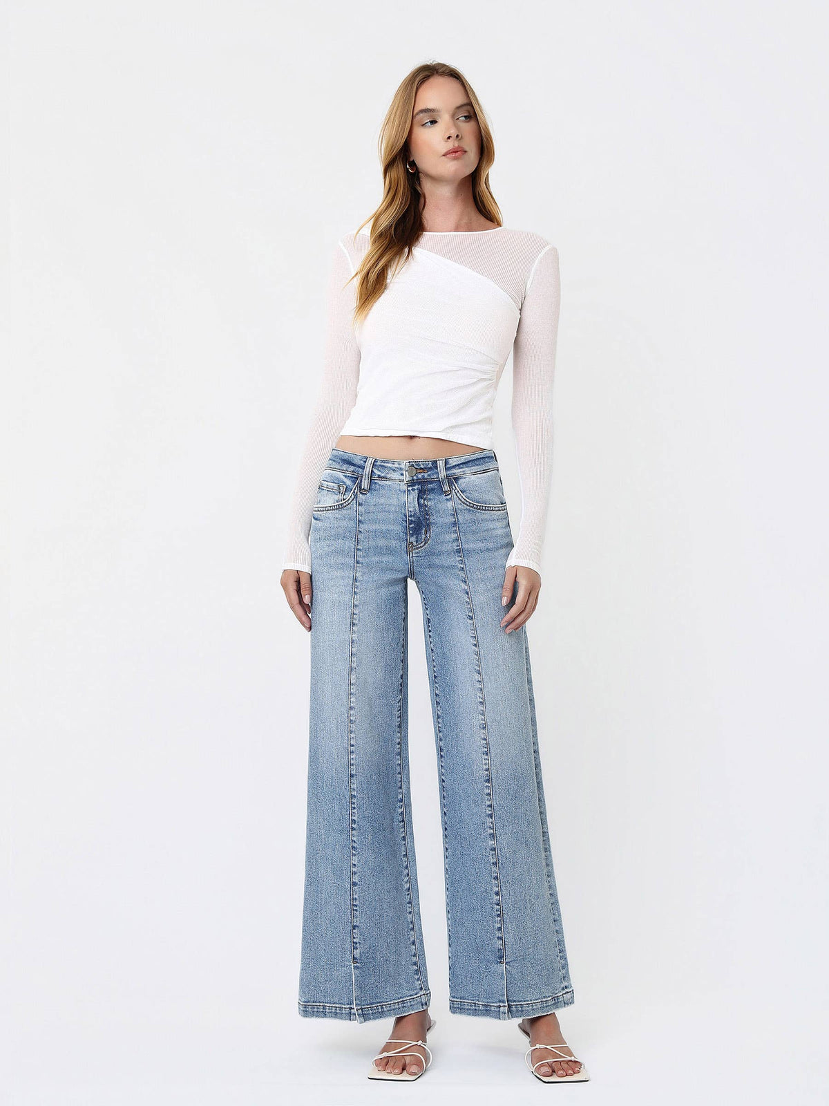 MID RISE SEAM DETAIL W FRONT SLIT HEM WIDE JEANS T7225