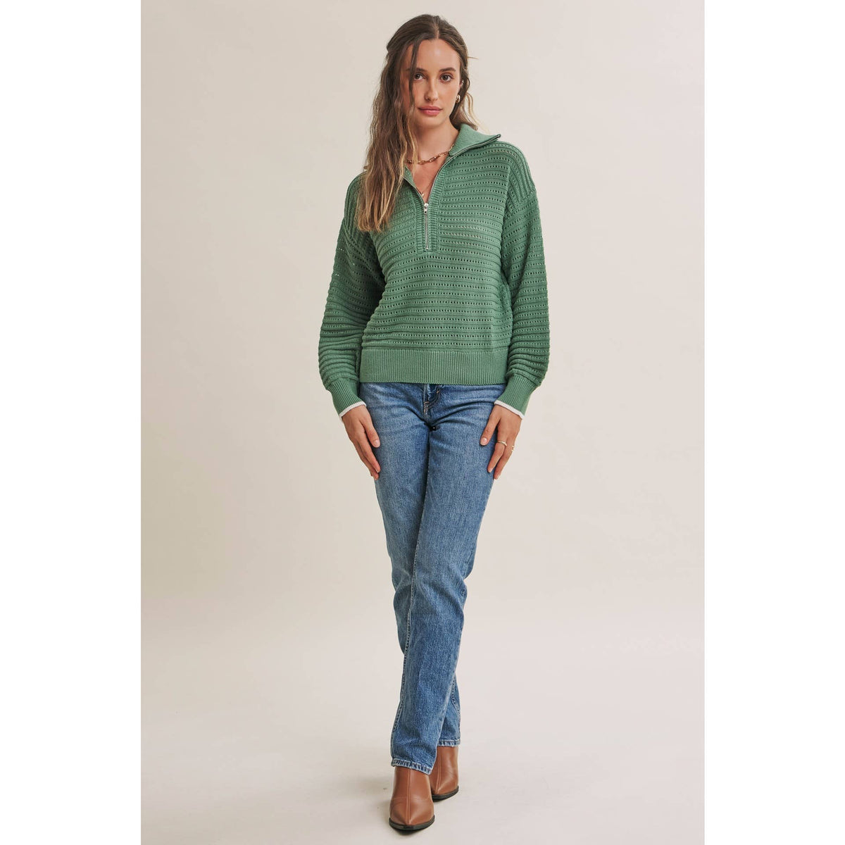 MOUNTAIN AIR CROCHET TEXTURE HALF-ZIP COTTON BLEND SWEATER