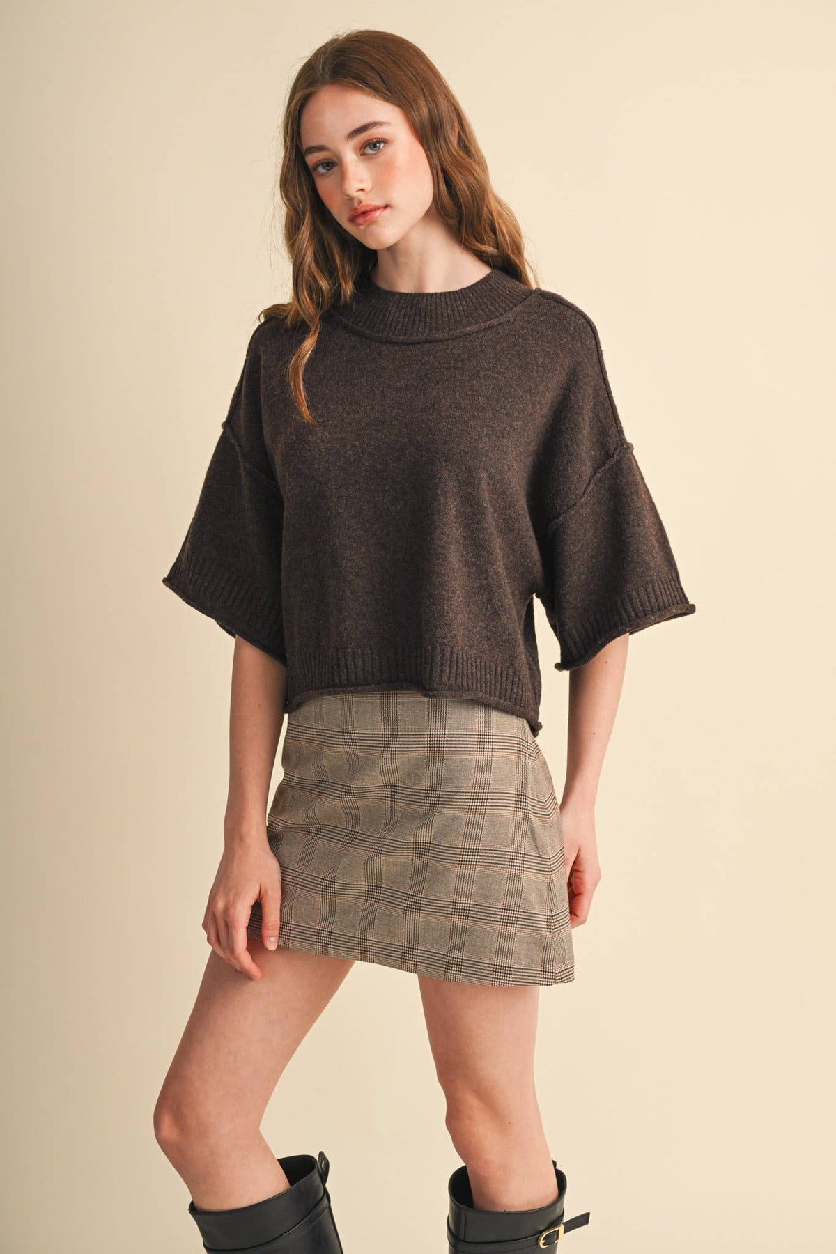 MARLED KNIT MOCK NECK SHORT SLEEVE SWEATER MSW11178