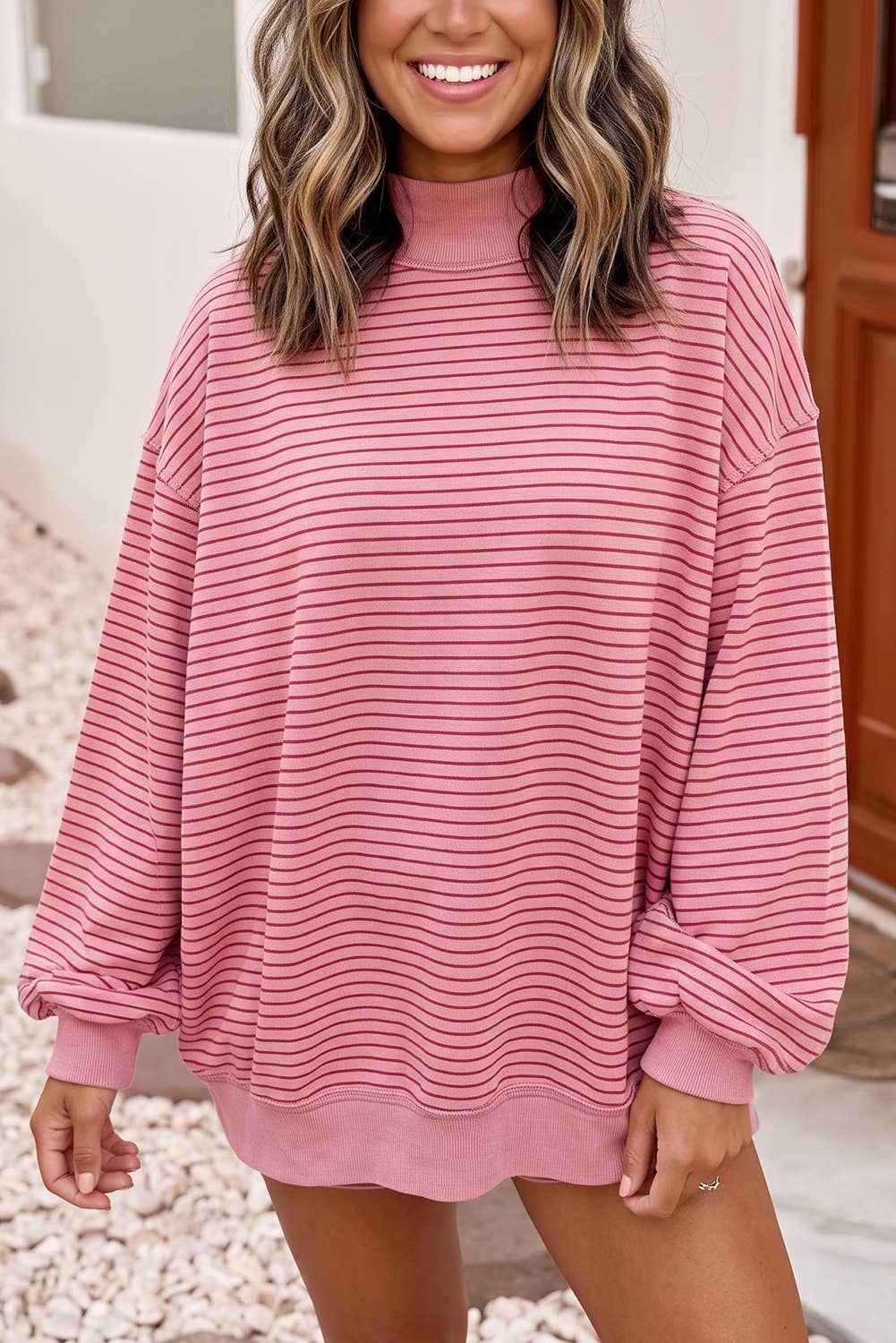 Stripe Ribbed Baggy Pullover Mock Neck Matching Shorts Set