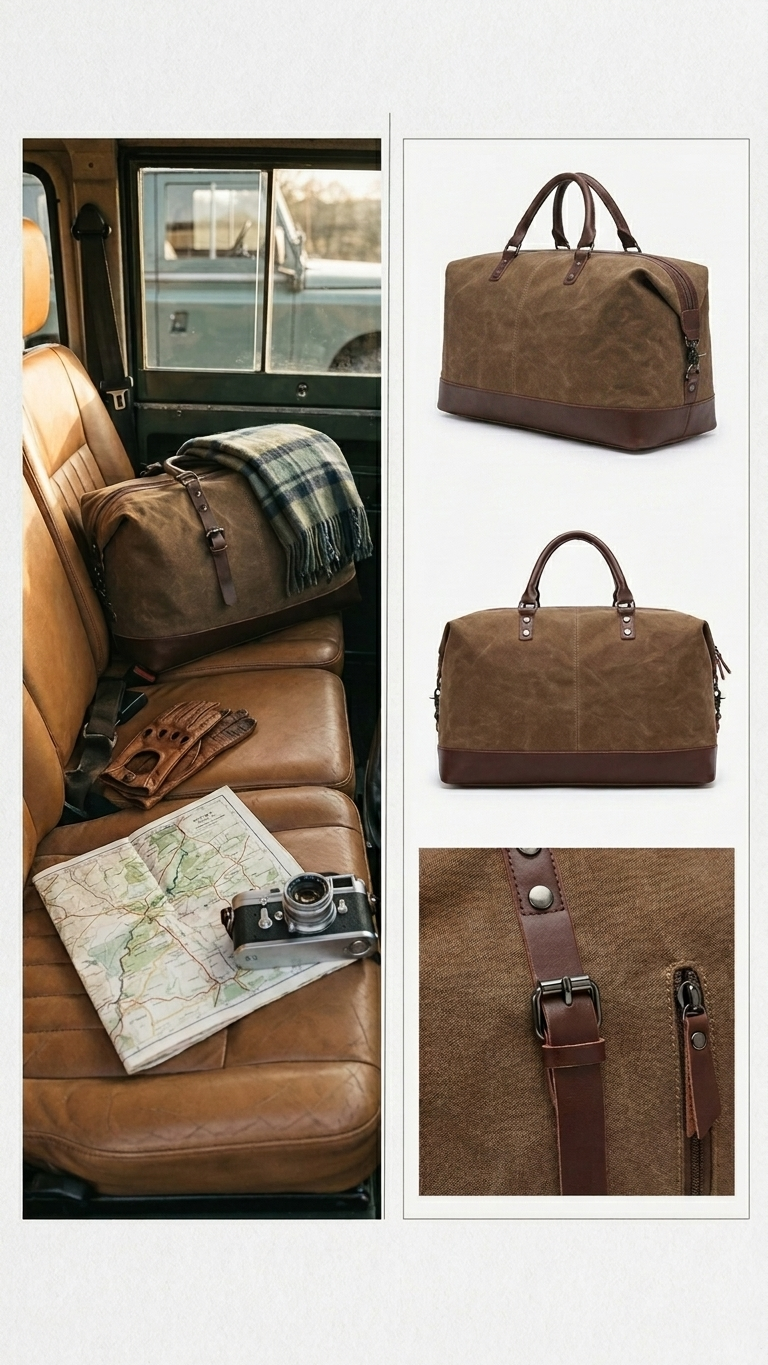 Vintage Waxed Canvas Leather Duffel Weekender Bag