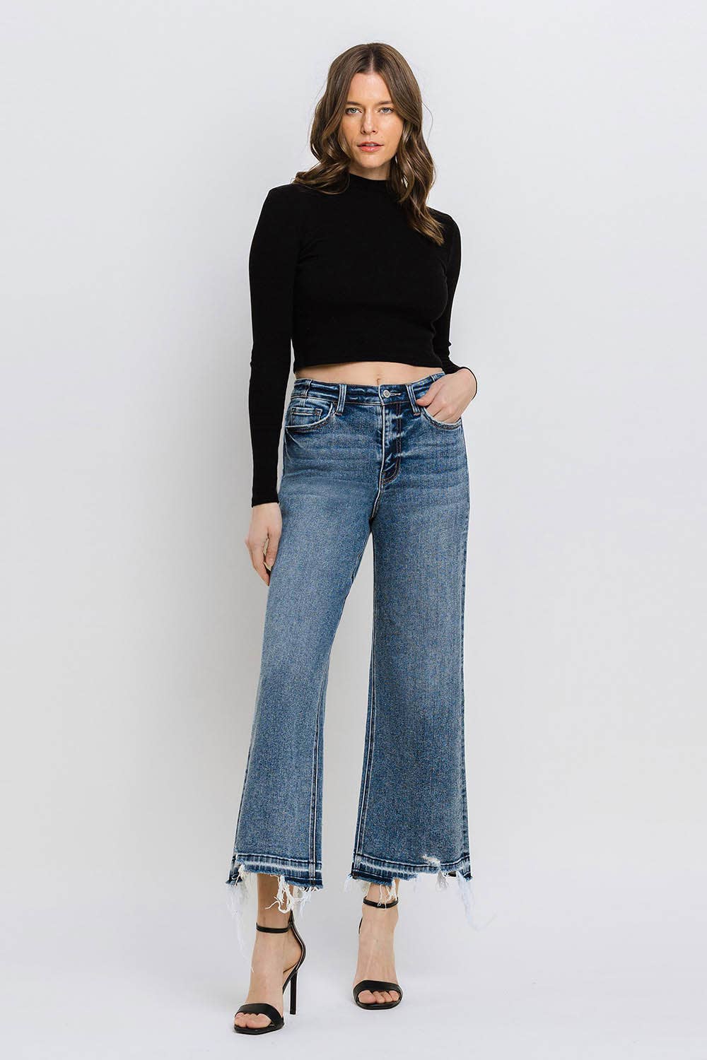 Flying Monkey SUPER HIGH RISE UNEVEN RAW HEM CROP WIDE JEANS