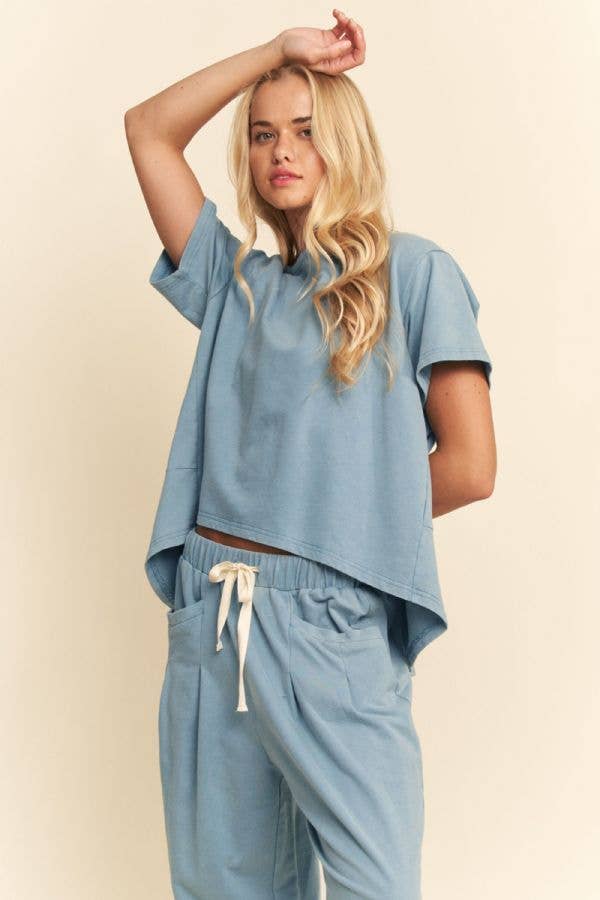 Garment-Wash Pleated Top & Pants Set