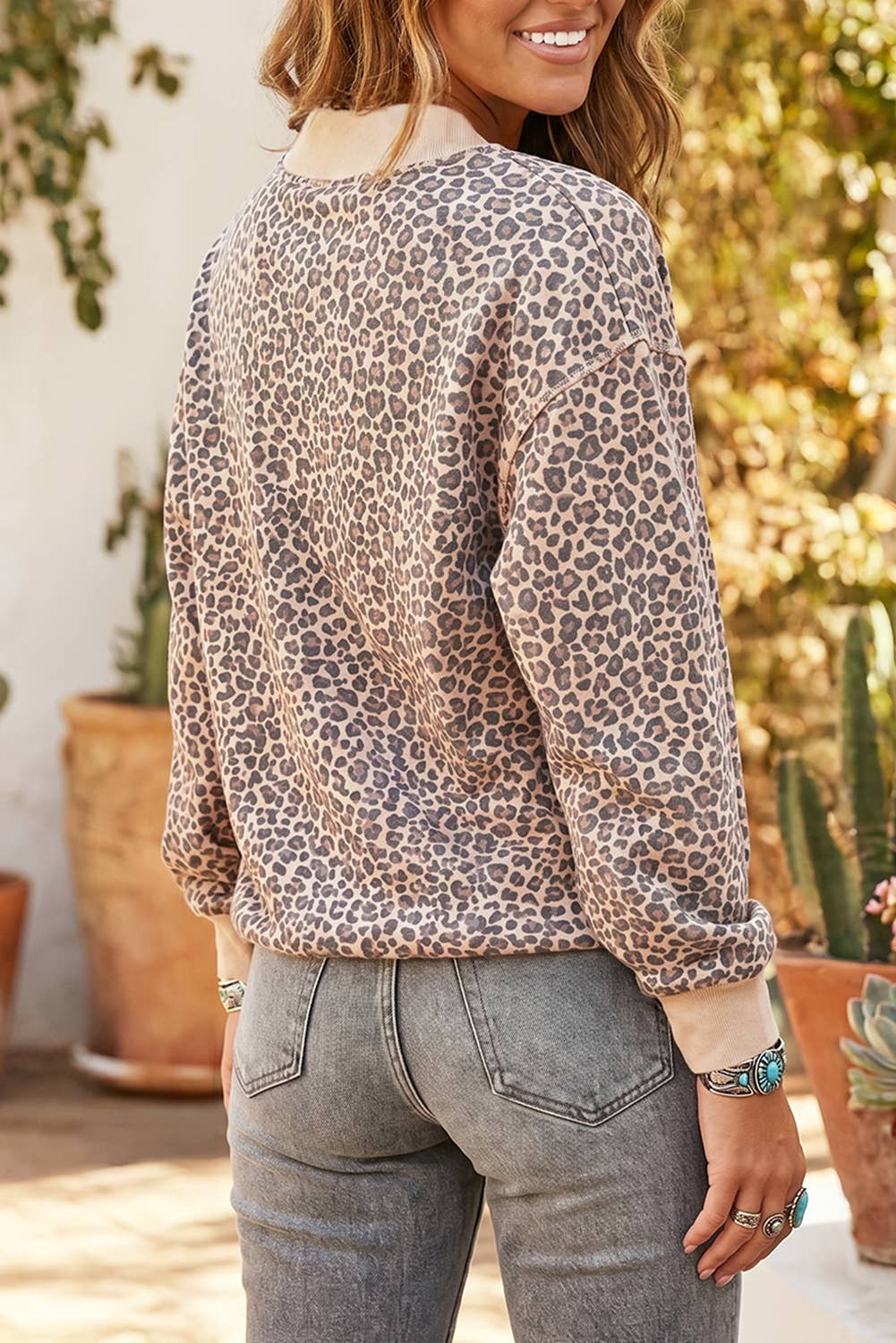 LAS Western Leopard Patchwork Mock Neck Sweatshirt (S-XL)