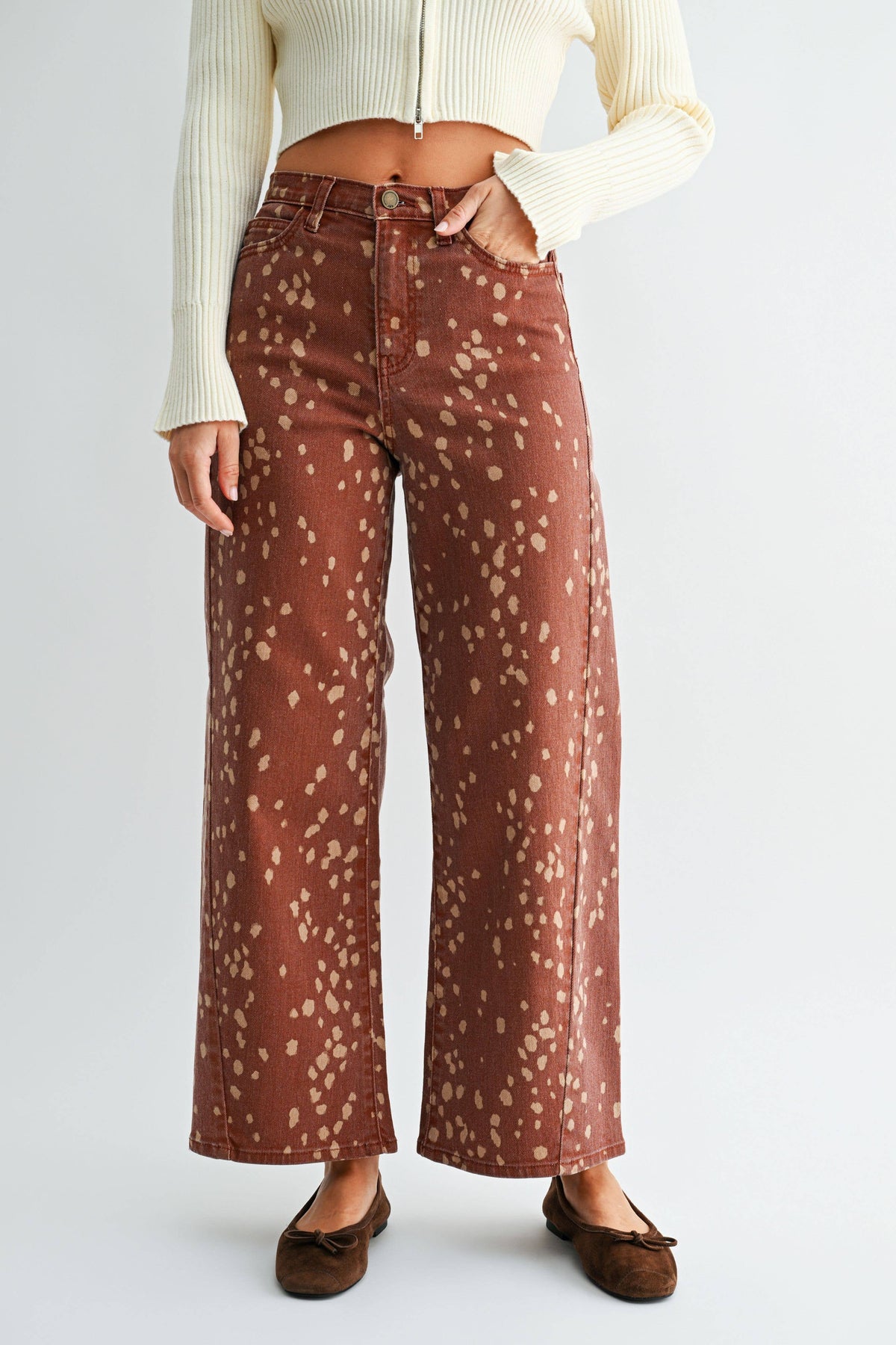 Printed Hem Seamed Slim Wide Leg - DEER PRINT - DP884-A