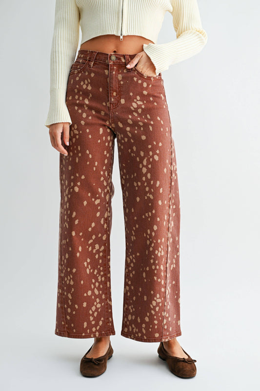 Printed Hem Seamed Slim Wide Leg - DEER PRINT - DP884-A