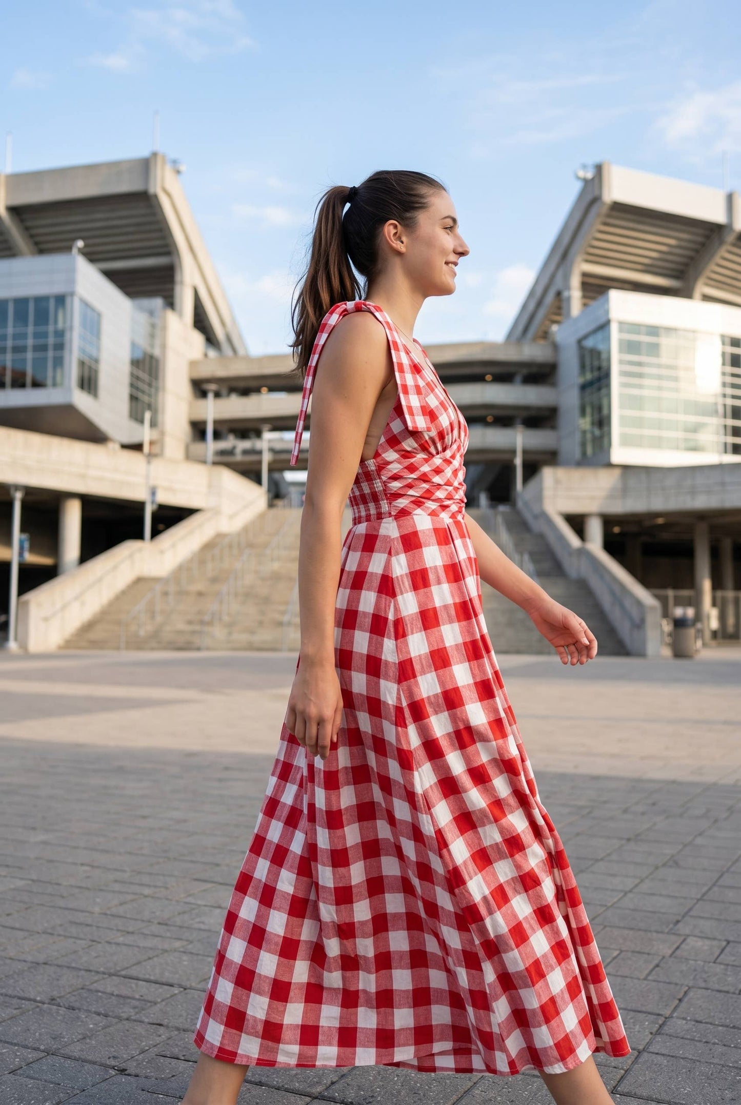 Check Pattern Tie Shoulder Maxi Dress