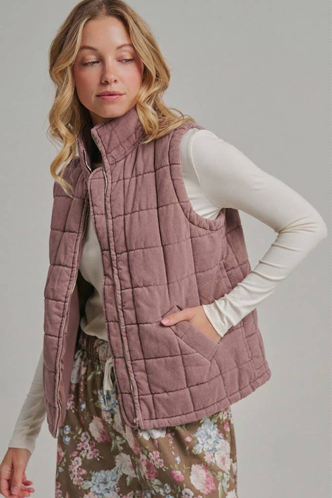 VINTAGE WASHED QUILTED PUFFER VEST STAND COLLAR_JLT00330-01