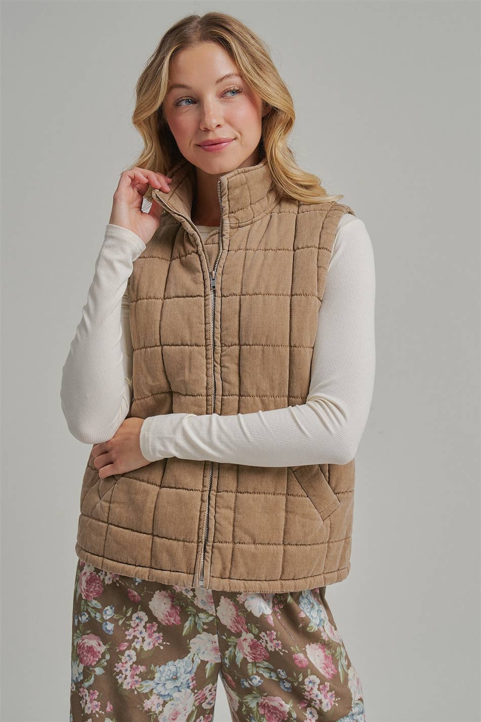 VINTAGE WASHED QUILTED PUFFER VEST STAND COLLAR_JLT00330-01