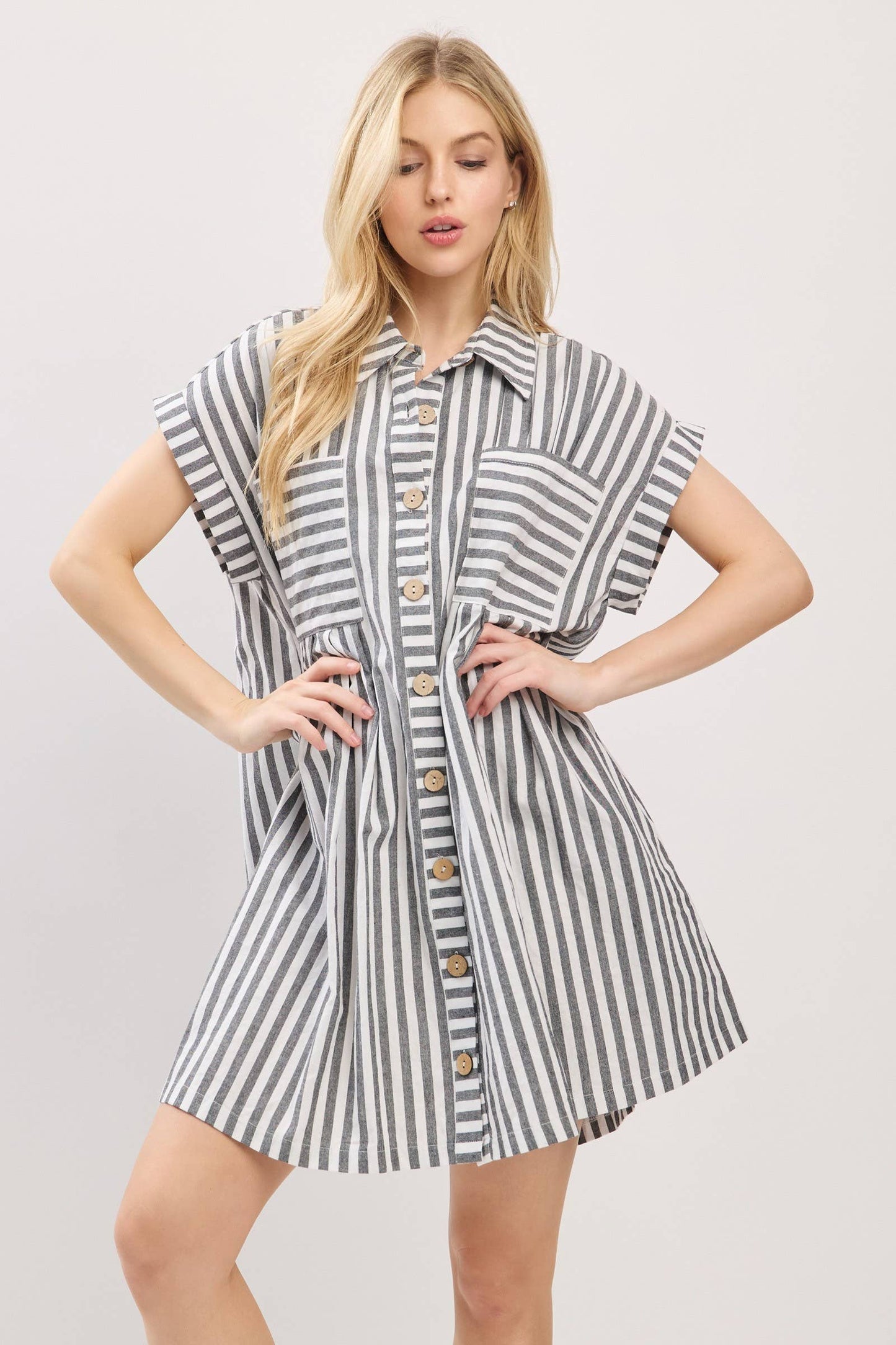 COTTON STRIPED BUTTON DOWN TUNIC DRESS