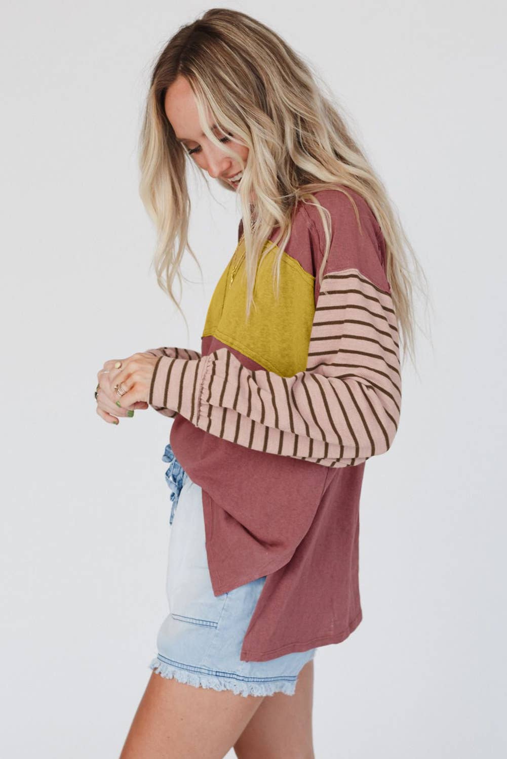 Multicolor Clashing Stripe Bishop Sleeve Top