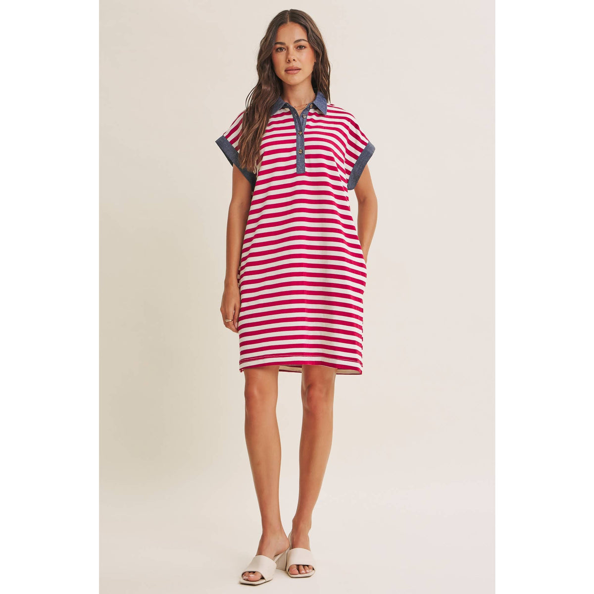 STRIPE COTTON POLO MINI DRESS WITH DENIM CONTRAST
