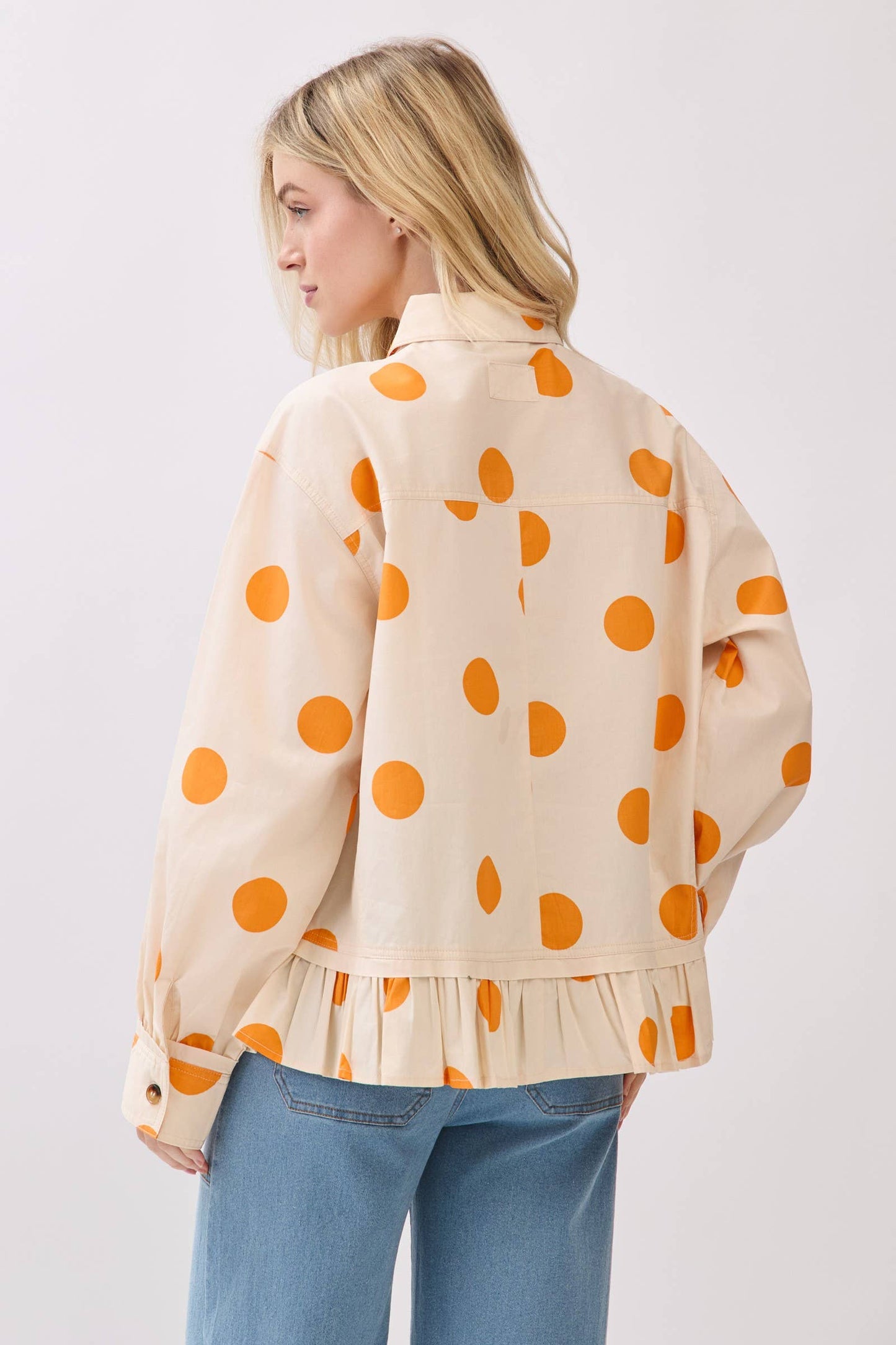 Polka Dot Ruffle Hem Long Sleeve Shirt