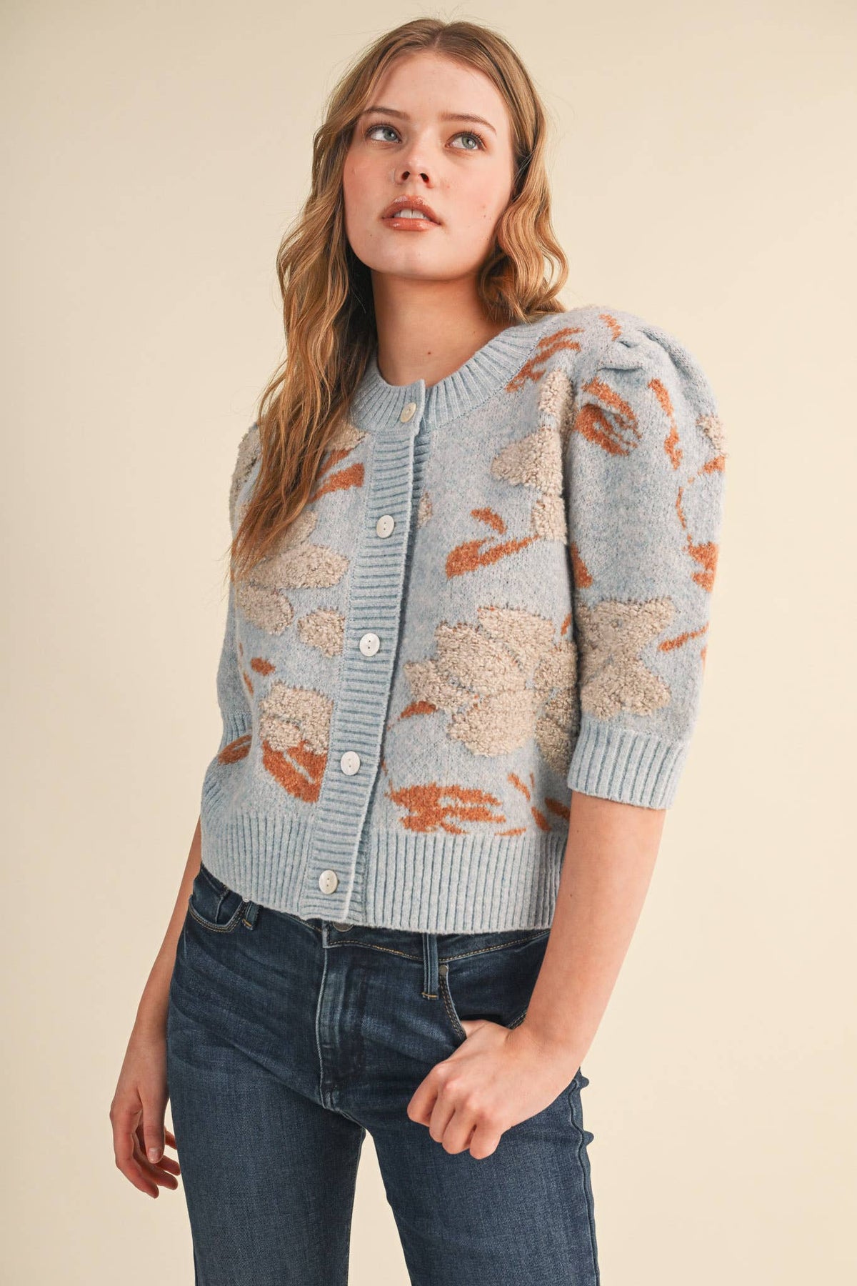 FLORAL KNIT SHORT PUFF SLEEVE SWEATER CARDIGAN MSW11393